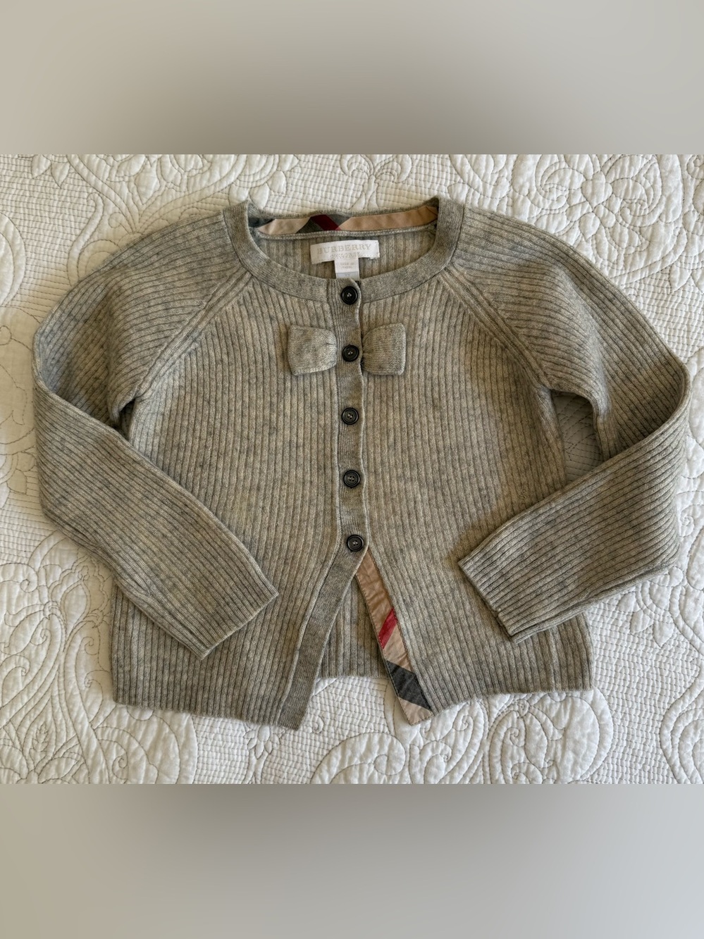 Burberry Kids Beige Ribbed Cashmere Knit Cardigan Sweater w/Bow Accent Size 7Y
